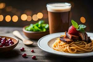 spaghetti con carne e frutti di bosco su un' piatto. ai-generato foto