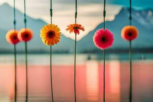 colorato fiori sospeso a partire dal un' corda al di sopra di un' lago. ai-generato foto