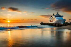 un' crociera nave attraccato a il spiaggia a tramonto. ai-generato foto