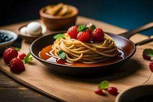 spaghetti con frutti di bosco e salsa nel un' ciotola. ai-generato foto