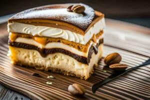 un' pezzo di torta con caffè fagioli su un' di legno tavolo. ai-generato foto