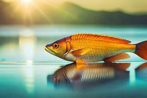 un' pesce è in piedi su il acqua con il sole nel il sfondo. ai-generato foto