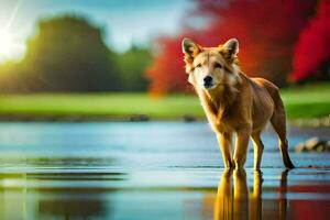 un' cane in piedi nel il acqua a tramonto. ai-generato foto