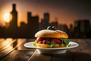 un' Hamburger con frutti di bosco e un' paesaggio urbano nel il sfondo. ai-generato foto