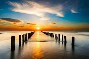 un' tramonto al di sopra di il oceano con di legno messaggi. ai-generato foto