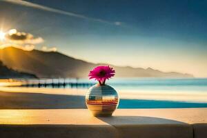 un' vaso con un' rosa fiore su il spiaggia a tramonto. ai-generato foto