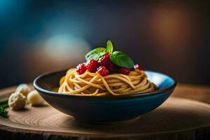 spaghetti con frutti di bosco nel un' ciotola. ai-generato foto