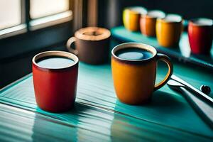 Due caffè tazze su un' tavolo. ai-generato foto