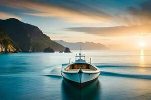 un' barca nel il oceano a tramonto. ai-generato foto
