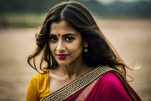 un' bellissimo donna nel un' giallo e rosa sari. ai-generato foto