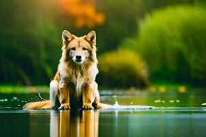 un' cane seduta su il bordo di un' lago. ai-generato foto