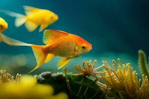 Due pesce rosso nuoto nel un acquario. ai-generato foto