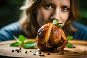 un' donna è mangiare un' pollo su un' piatto. ai-generato foto