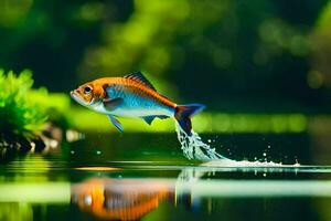 un' pesce salto su di il acqua. ai-generato foto