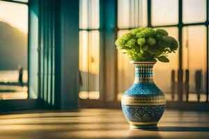 un' vaso con verde fiori seduta su un' di legno pavimento. ai-generato foto