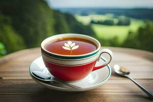 un' tazza di tè con un' Visualizza. ai-generato foto