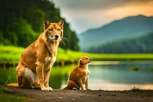 un' cane e un' cucciolo sedersi su il lato di un' fiume. ai-generato foto