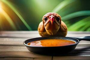 un' pollo è seduta nel un' padella con un' salsa. ai-generato foto