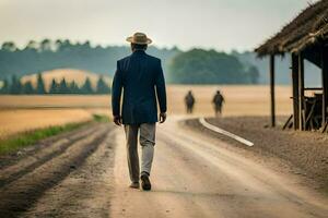 un' uomo nel un' completo da uomo e cappello a piedi giù un' sporco strada. ai-generato foto