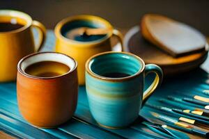 un' tavolo con quattro caffè tazze e spazzole. ai-generato foto