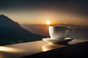 un' tazza di caffè su un' tavolo nel davanti di un' montagna. ai-generato foto