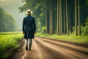 un' uomo nel un' cappello e completo da uomo a piedi giù un' sporco strada. ai-generato foto