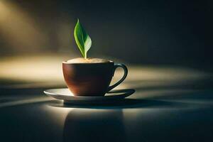 un' tazza di caffè con un' pianta in crescita su di esso. ai-generato foto