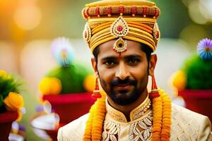 un' uomo nel tradizionale indiano abbigliamento con un' oro e giallo turbante. ai-generato foto