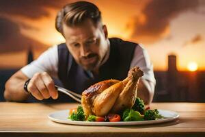 un' uomo è mangiare un' pollo su un' piatto. ai-generato foto