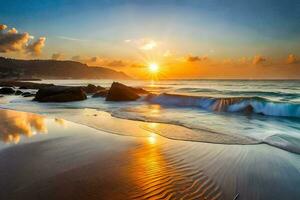 il sole sorge al di sopra di il oceano e onde su il spiaggia. ai-generato foto