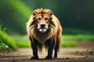 un' Leone a piedi su un' sporco strada nel il foresta. ai-generato foto