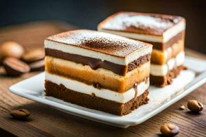 Due fette di torta su un' bianca piatto. ai-generato foto