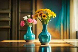 Due vasi con fiori seduta su un' tavolo. ai-generato foto