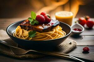un' piatto di spaghetti con carne e frutti di bosco su un' di legno tavolo. ai-generato foto