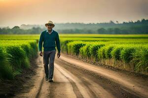 un' uomo a piedi attraverso un' riso campo. ai-generato foto