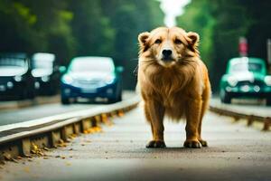 un' cane in piedi su il strada con macchine nel il sfondo. ai-generato foto