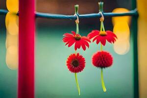 rosso fiori sospeso a partire dal un' filo. ai-generato foto