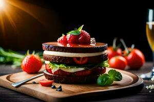 un' torta con fragole e cioccolato su un' di legno tavola. ai-generato foto