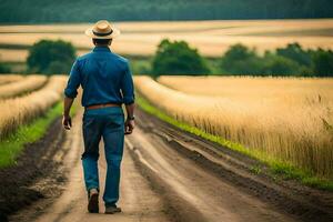 un' uomo nel un' cappello passeggiate giù un' sporco strada. ai-generato foto