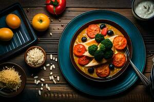 un' ciotola di cibo con pomodori, broccoli e formaggio. ai-generato foto