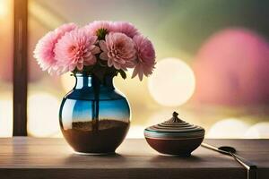 rosa fiori nel un' vaso su un' tavolo con un' tazza. ai-generato foto