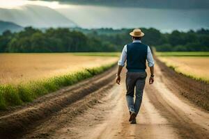 un' uomo nel un' cappello passeggiate giù un' sporco strada. ai-generato foto