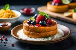 un' piatto di Pancakes sormontato con frutti di bosco e frutti di bosco. ai-generato foto