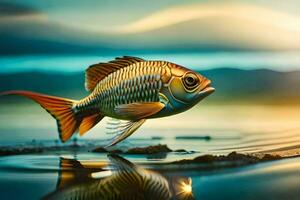 un' pesce è nuoto nel il acqua a tramonto. ai-generato foto