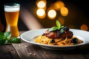 spaghetti con carne e birra su un' piatto. ai-generato foto