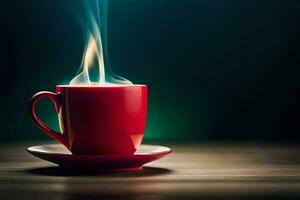 un' rosso tazza di caffè su un' di legno tavolo. ai-generato foto