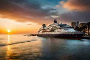 un' crociera nave nel il oceano a tramonto. ai-generato foto