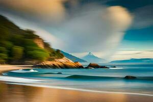 un' spiaggia con onde e montagne nel il sfondo. ai-generato foto