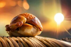 un' pollo avvolto nel un' pezzo di pane seduta su un' bambù bastone. ai-generato foto