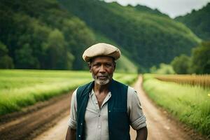 un vecchio uomo in piedi su un' sporco strada nel davanti di un' verde campo. ai-generato foto